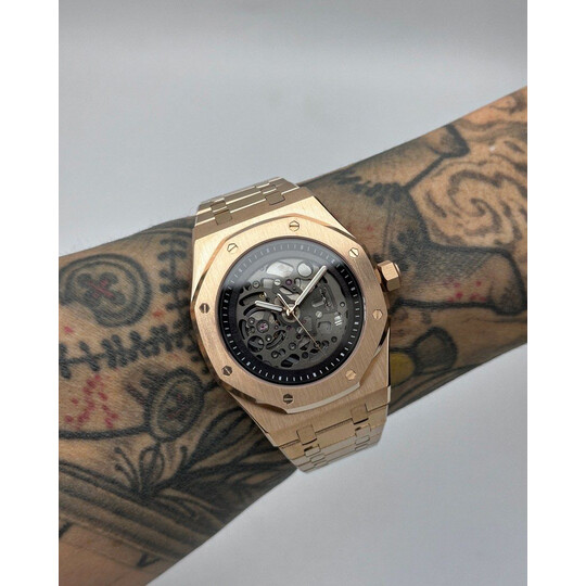 Custom Seiko Mod • Black Skeleton Rose Gold AP • 42mm
